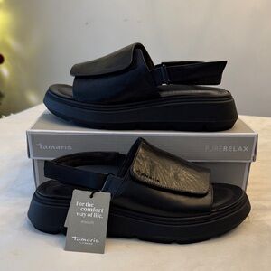 New with tags and box! Tamaris Black Slingback Sandals, leather sz 40